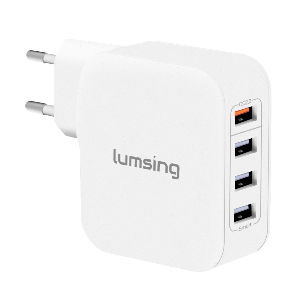Lumsing Caricabatterie da muro 4 Porte USB (3 Porte Intelligenti + 1 Porta Quick Charge) Caricatore Portatile da Viaggio per iPhone, Samsung, HTC, Nokia iPad, iPod, Nexus - Bianco