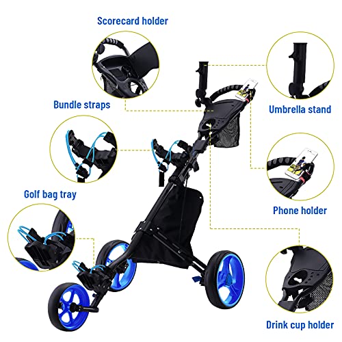 Folding Golf Push Cart, 3 Wheel Golf Cart, Lightweight Swivel Golf Pull