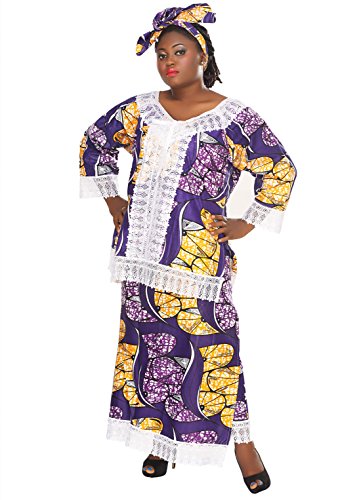 African Planet Women's Purple Wax 3 Set Kitenge Inspired Wrap Around Skirt Maxi