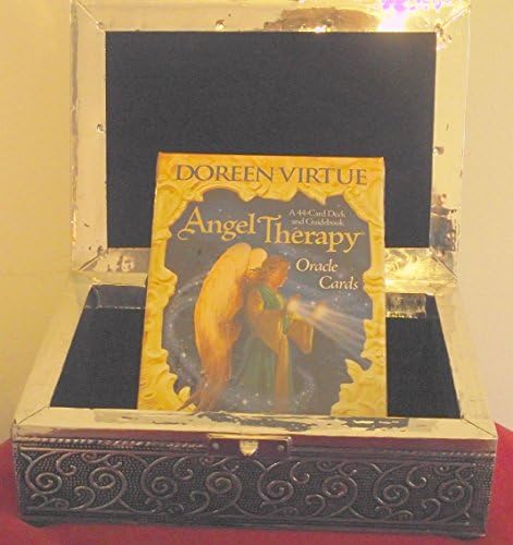 Angel Therapy Oracle Cards with Soft Metal Storage Box embossed with Pentacles. Inside Black Felt Inlay; 18cm x 13cm x 5cm. Doreen Virtue 44 Card Oracle Deck with Guidebook
