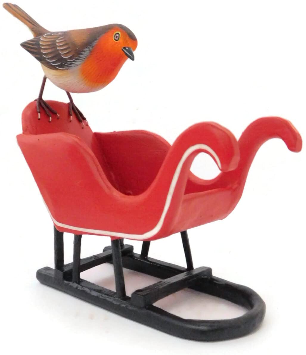 Brave Wings Hand Carved Wooden Bird ~ Robin on Santa Sled ~ OOAK Ornament Sculpture Figurine Statue Unique Table Decoration Home Decor Gift for Christmas and Birthdays ~ 4910