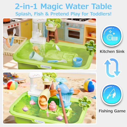 Sand and Water Table for Toddlers 1-3 - 22 Pcs Outdoor Water Play with Automatic Pump, Fishing & Kitchen Sink, 4L Large Capacity Sensory Bin, Summer Outdoor Toys for Kids Ages 1-3, Spring Green