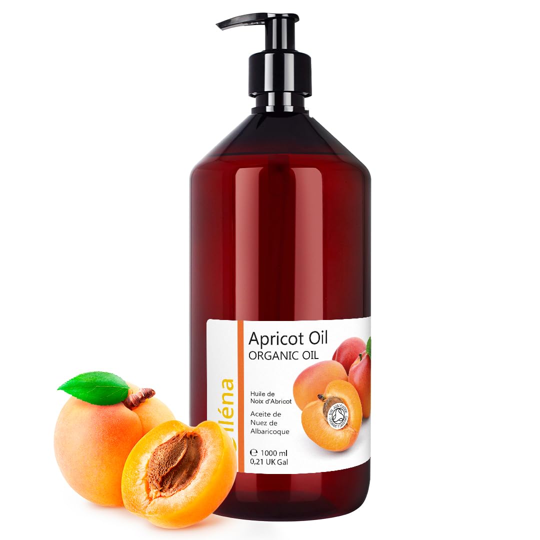 Oïléna Organic Apricot Kernel Oil 100% Pure, Natural, Vegan, No GMO - Aromatherapy Massage Oil Hair Skin Body Certified BIO Moisturiser for face, body and hair 1000 ml 35.19 fl oz