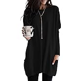 Poetsky Women's Casual Crewneck T-Shirt Loose Fit, Bat Sleeve, Black,Long Tunic Top for Leggings with Pockets M