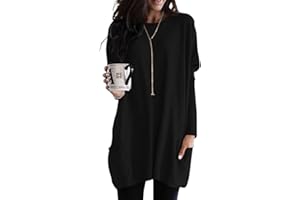 Poetsky Fall Womens Tunic or Tops to Wear with Leggings Long Sleeve Casual Long Shirts with Pockets