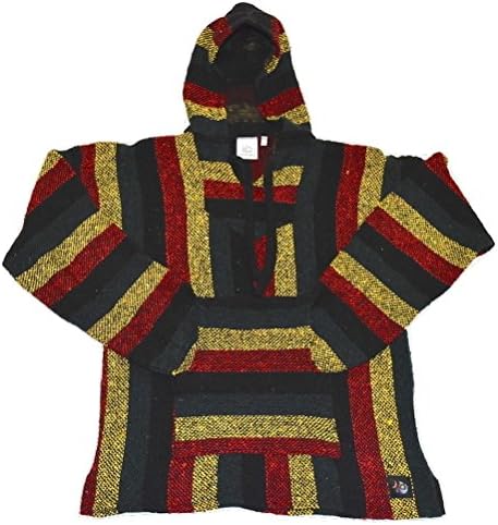 Fiesta Ziesta Handmade, Authentic and Eco-Friendly Mexican Baja Poncho Hoodie with Pocket, Rasta Woven Strips - XS
