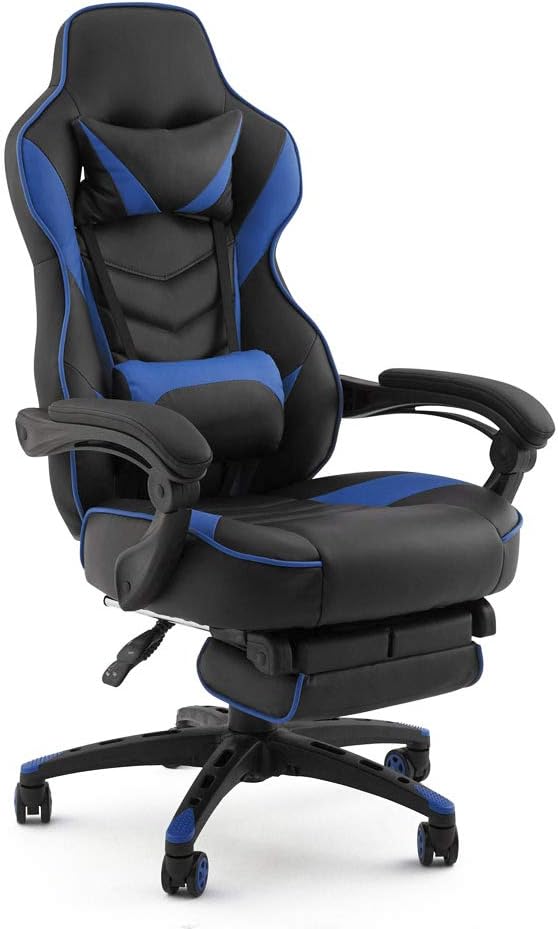 Gaming Chair Ergonomic Memory Foam Racing Recliner -PU Leather High Back Office Computer Desk Chair with Widen Thicken Seat, Retractable Footrest and Adjustable Lumbar Support (Blue)