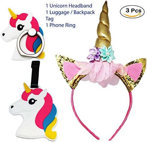 Unicorn Lover Party Goodies for Kids Favors and Supplies Pack of 3 Bundle- Headband, Backpack or Luggage Travel Tag, Phone Ring / Stand for Girls (Bundle 1)