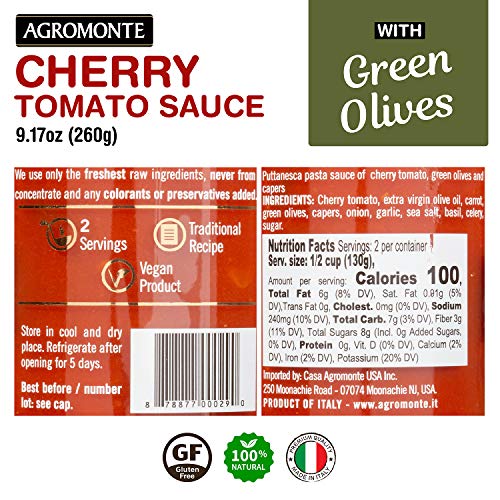 Agromonte Authentic Italian Cherry Tomato Pasta Sauce (Puttanseca) with Olives and Capers - Taste of Italy Gourmet Foodie and Chef Gift - Certified Kosher, Gluten-Free, All Natural 9.17oz (single)