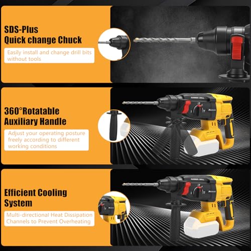 WingFly Cordless Rotary Hammer for Dewalt 18V 20V Impact Energy 3.2J with 3 SDS-plus Drilling Up to 28mm Brushless Hammer Motor Handle