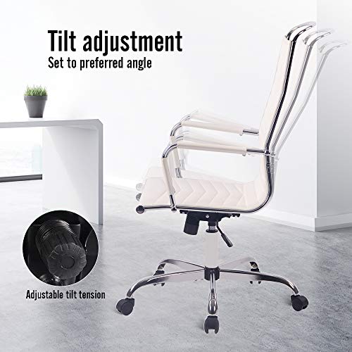 Elecwish Adjustable Office Executive Chair, High Back Tall Ribbed, Pu Leather, Wheels Arm Rest Computer, Chrome Base, Home Furniture, Conference Room Reception White