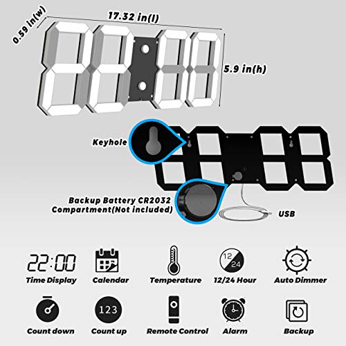 CHKOSDA-3D-Digital-Wall-Clock-6-LED-Numbers-Countdown-Clock-Remote-Control-Ultra-Thin-Design-Large-Calendar-Auto-Dimmer-8-Level-Adjustable-Brightness-Office-ClockBlack-Shell-White