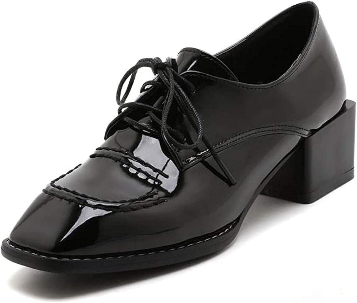 HAROI Women's Classic LaceUp Square Toe Oxfords Chunky Block Low Heel