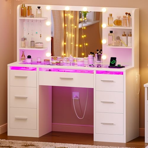 TEENFON Vanity Desk with Mirror and Lights, Makeup Vanity with Glass Top, RGB Lighted Drawers and Power Outlet, Dressing Table with 7 Drawers, 4 Shelves and 5 Jewel Hooks, Bedroom, White