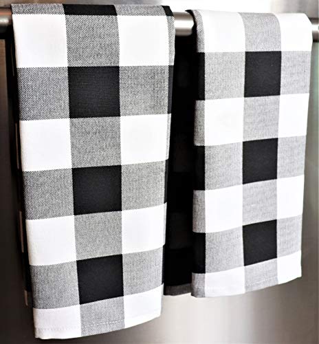 Crabtree Collection Dishcloth/TeaTowels 100% Cotton Hand Towel Set of 2-18" x 28" (Black Buffalo Check)