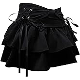 LREUIP Women's Bow Low Waist Retro Pleated Skirt with Adjustable Waist A-line mini Denim Skirt Y2K