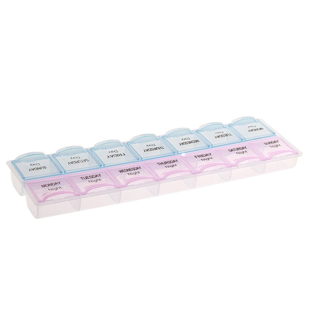 SUMAJU Pill Box Organiser, 14 Compartments Pill Box Organizer AM/PM Weekly Pills Storage Case Double Row(Blue/Pink)