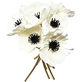 Floral Kingdom Real Touch White Anemone Bouquet - 10" Artificial Flowers for Home Decor, Weddings, Easter | Bendable Stems with Black Centers (7 Pack, Latex)
