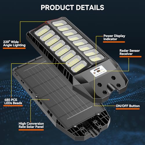 JADIDIS 800W Solar Street Light with Remote Control, IP67 Waterproof Solar Lights for Outdoor Use with Motion Sensor, Solar Lights 6500K Super Bright LED Solar Spotlights for Gardens, Garages, Str