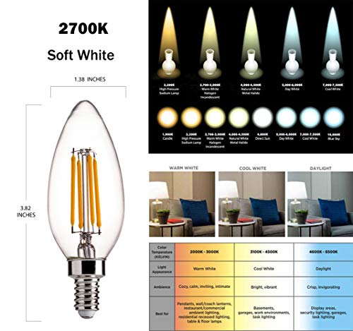 B11 E12 Base 60W Equivalent LED Chandelier Light Bulbs - FLSNT Dimmable Clear LED Filament Candle Bulbs, 4.5W, 2700K Soft White - 6 Pack