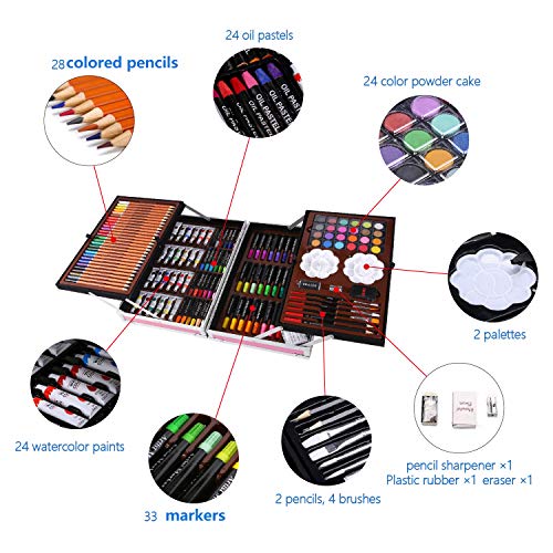 H & B Deluxe Art Set 145-Piece 2 Layers, Kids Art Supplies for Drawing, Painting, Portable Aluminum Case Art Kit for Kids, Teens, Adults Great Gift for Beginner and Serious Artists, Pink
