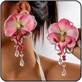 Large Orchid Earrings for Women,Pink Big Flower Floral Earrings Pearl Butterfly Earring Hibiscus Dangle Drop Earring Orchid Party Beach Jewelry Gifts
