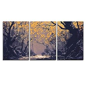 Night Scene of Autumn Forest Landscape Painting x3 Panels