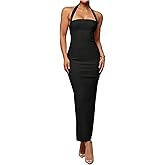 OYOANGLE Women's Sleeveless Halter Bodycon Long Dress Open Back Slit Hem Party Wedding Guest Dresses