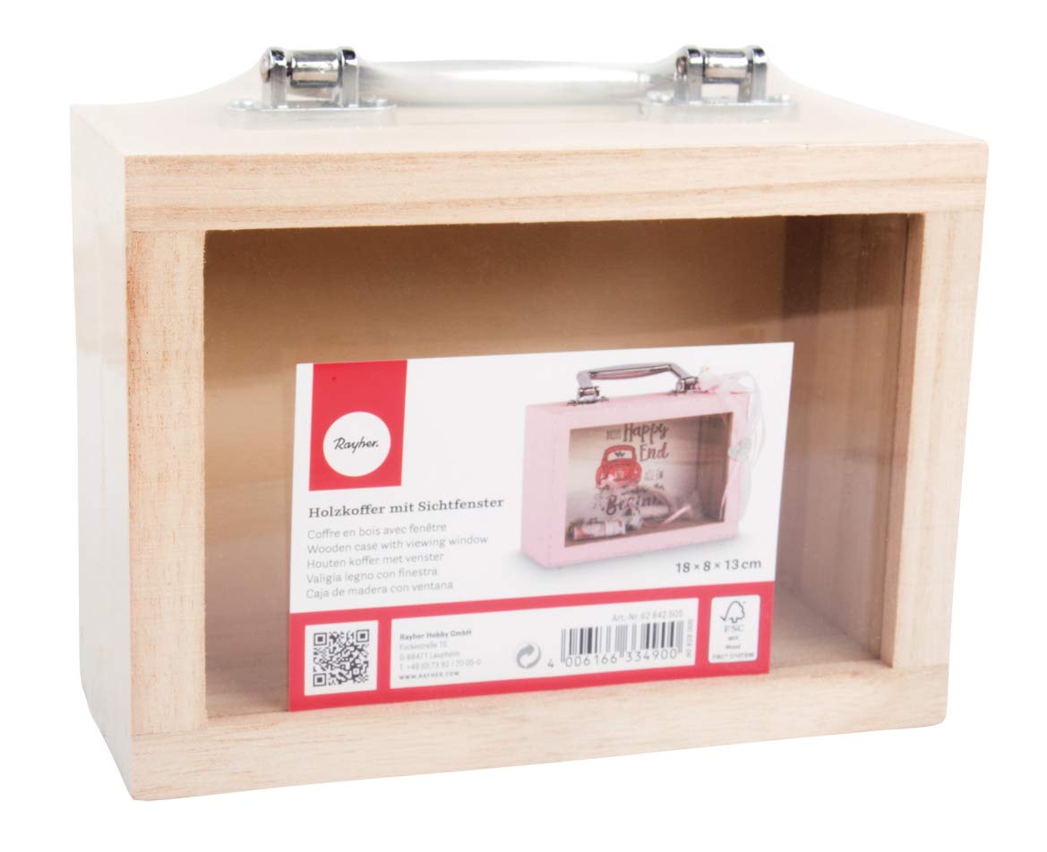 Rayher Wooden Suitcase Style Shadow Box Frame for Craft, DIY Keepsake Box, natural wood, 18x8x13cm, 62842505