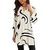 Poetsky Womens Tunic Tops 3/4 Bell Sleeve Loose Fit Tunics Dressy Casual Side Split Flare Top for Leggings S-3XL