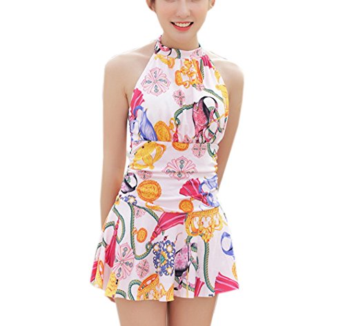 YOYI FASHION Tropical Print Halter Neck Ruched Boyshort Bathing Suit White M