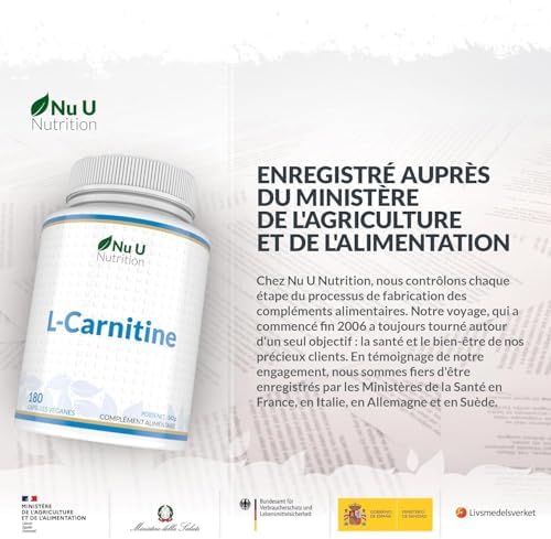 L-Carnitine Complexe 1 650mg - 180 Forte Puissance Capsules Véganes - Avec Riboflavine, Biotine, Chromium, Vitamine D, B3 & B6 - L Carnitine Tartrate Supplément - Fabriqué en Europe - Nu U Nutrition