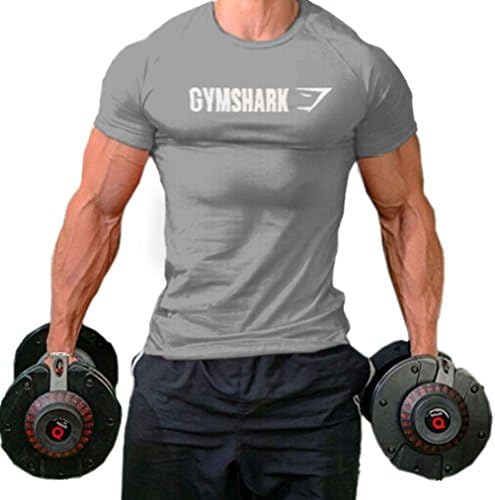 Mens Bodybuilding T-shirt Print Letter Logo Round Neck T-shirt Sport Fitness Muscle (L, Grey)