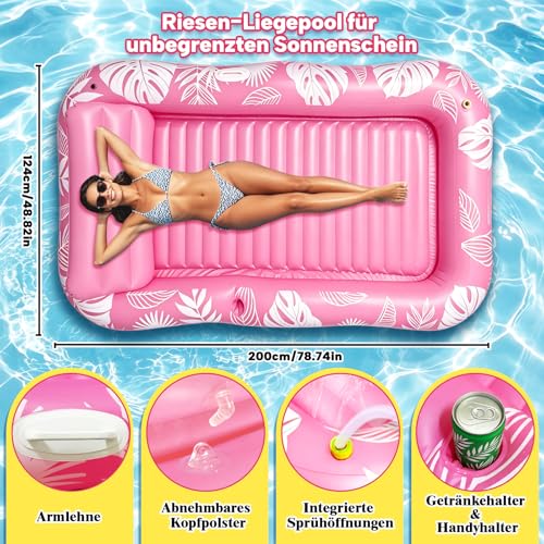 Matelas Piscine Gonflable, Tanning Pool Adulte avec Porte Gobelet, Poignées et Dossier, Hamac Piscine de Bronzage 200 × 124 cm, Matelas de Bronzage Eau pour Fêtes de Jardin, Plage et Piscine