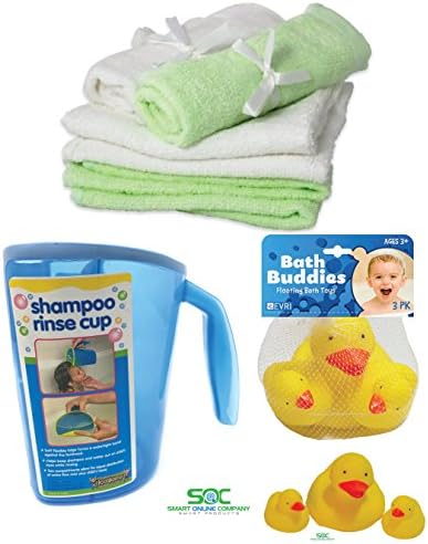 Baby Bath Gift Set With Bamboo Soft Organic Washcloth Towels for Babies Fun Time toys Duckys -Tear-Free Waterfall Rinser, Blue
