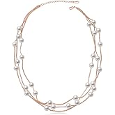 Crystalline Azuria Strand Necklace with Simulated White Pearls 18K White or Rose Gold Plated for Women
