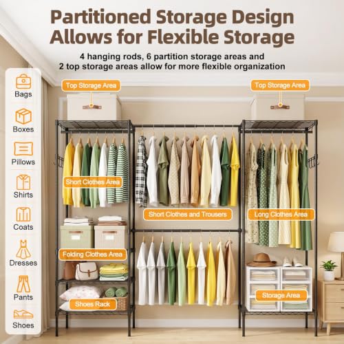 UEAKPIC Heavy Duty Garment Clothes Rack Wire Load-bearing 1000LBS-Black | Adjustable Freestanding Expandable Clothing Rack 4 Tier with 4 Hanging Rods, 15.7"Dx(70.9"-90.6")Wx76.8"H for Bedroom Laundry
