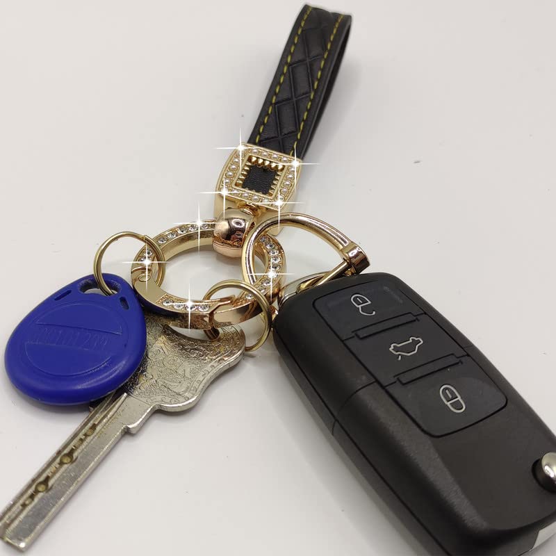 Daemson Microfiber Leather Car Keychain, Bling Diamond Keychains for Women, Universal Car Key Fob Holder with 360 Degree Rotatable, Anti-Lost D-Ring, 2 Keyrings and 1 Screwdriver (Black)