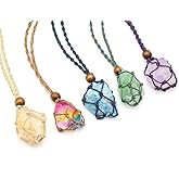 LE SKY 4 Pcs Natural Stone Pendant Necklace Irregular Raw Healing Crystal Agate Stone Net Holder Braided Long Rope Charms for Party Yoga Meditation Gift