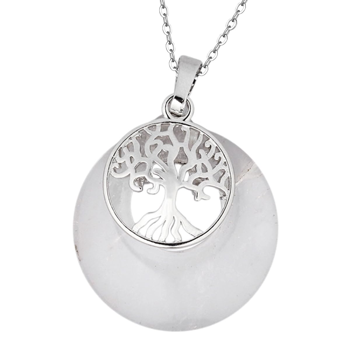 Nupuyai Rock Crystal Tree of Life Lucky Coin Pendant Necklace for Women Men, Protection Crystals Donut Stone Pendant with Chain