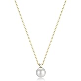 Sterling Silver 925 Pearl Pendant Necklace for Women Dainty CZ Necklace 14K Gold Vermeil Necklace Chain Freshwater Pearl Necklace Adjustable Simple Pearl Necklaces for Everyday Jewelry Gifts