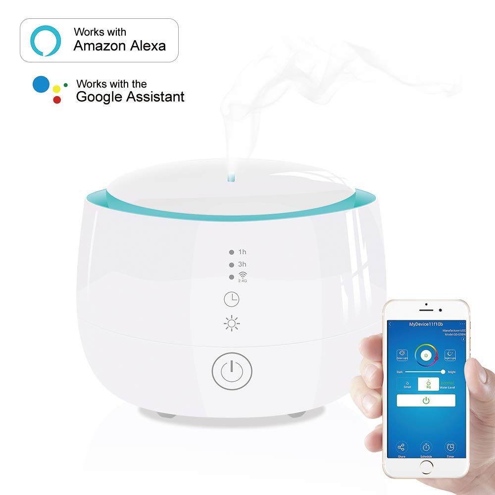 WiFi Essential Oil Diffuser Works with Alexa and Google Home 300ml for Aromatherapy with Adjustable Mist Modes Humidifiers, Ultrasonic Aroma Diffusers with Auto Shut-Off 7 Colorful LED Lights for Baby Room Home Spa (White)