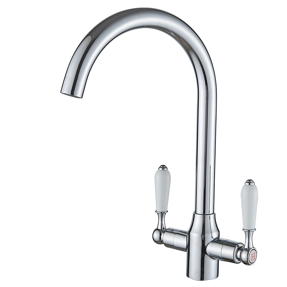 Heable Kitchen Mixer Tap White Ceramic Dual Lever Monobloc Swivel Spout Chrome Kitchen Sink Taps with UK Standard Fittings
