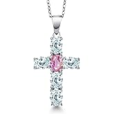 Gem Stone King 925 Sterling Silver Sky Blue Aquamarine and Pink Sapphire Cross Pendant Necklace for Women | 3.10 Cttw | Gemstone March Birthstone | Oval 6X4MM | With 18 Inch Chain