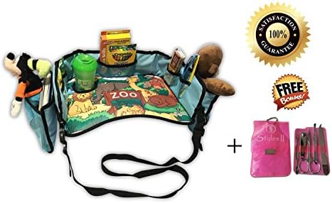 Styles II Toddler Car Seat Travel Activity Tray 16” x 13” Solid Reinforced Surface, Cup Holder, Mesh Pockets, Sturdy Side Walls for Snacks &amp; Drawing - Kids Play &amp; Learn Tray + Free Manicure Set (Blue)