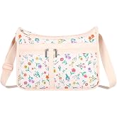LeSportsac Tossed Wildflowers Deluxe Everyday Crossbody Bag + Cosmetic Bag, Style 7507/Color HD02, Vibrant &amp; Festive Colorful Flowers/Floral Bouquets Abstractly Arranged on Subtle Blush Pink Bag