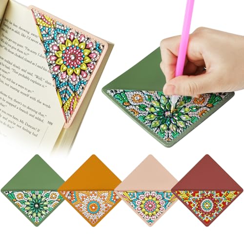 AUAUY 4PCS 5D Diamond Painting Bookmark Kit, Color Flowers Painting Diamonds Mark Pages Books, Bookmarks with Diamonds for Kids and Adults, Book Markers for Birthday Gifts