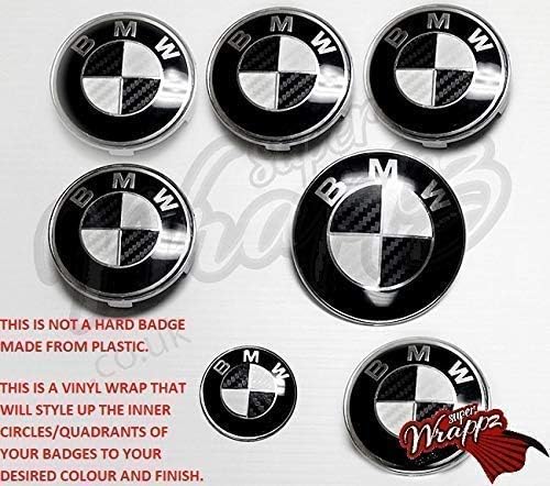 WHITE & BLACK CARBON FIBER Badge Emblem Vinyl Overlay Sticker Wrap FOR BMW HOOD TRUNK RIMS WHEELS FITS ALL BMW Series 1, 2, 3, 4, 5, 6, 7, X1, X2, X3, X4, X5, X6, Z1, Z3, Z4, Z8, M SPORT, X-DRIVE