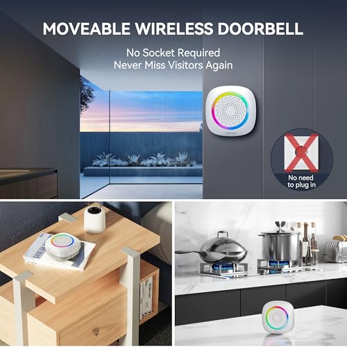 TECKNET Longest 1300 Feet Wireless Doorbell with RGB Alarm Lighting,Battery-Powered IP66 Waterproof Design,60+Chimes & 5-Level Volume for Home/Apartment/Classroom/Business,4.5-Year Battery Life,White