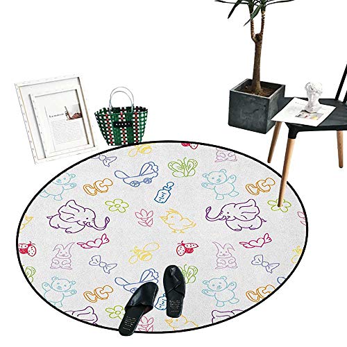 Nursery Round Rugs for Bedroom Cartoon Drawing Style Baby Elephants Teddy Bears Flowers Butterflies Bees Pattern Perfect for Any Room, Floor Carpet ï¼ˆ47" Diameterï¼‰ Multicolor